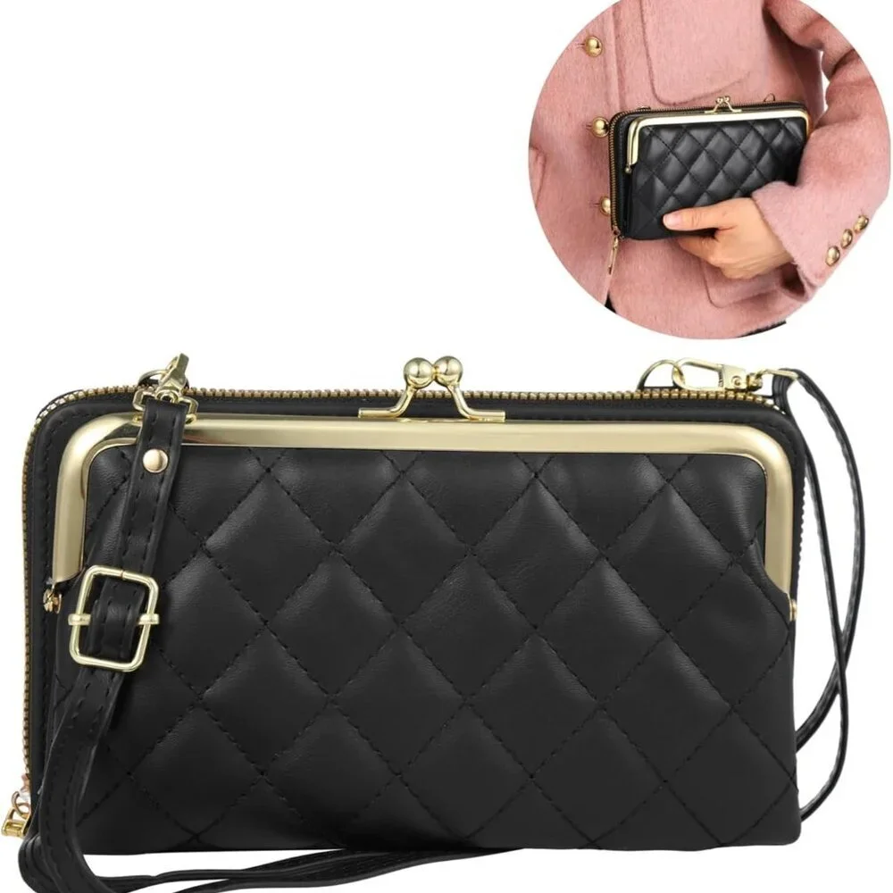 Small Crossbody Purse with Detachable Strap Black Quilted PU Leather Wallet